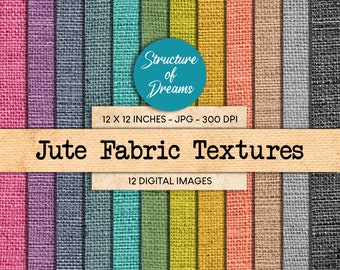 May include: Twelve digital images of jute fabric textures in various colors, including red, pink, purple, blue, green, yellow, orange, and brown. Each image is 12 inches by 12 inches and 300 DPI. The images are labeled "Jute Fabric Textures" and "12 Digital Images".