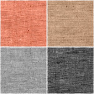 May include: Four fabric swatches in different colors: coral, beige, gray, and black. Each swatch has a woven texture.