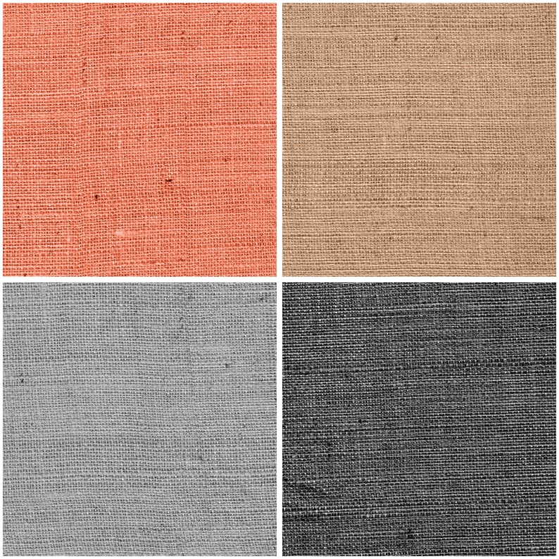 May include: Four fabric swatches in different colors: coral, beige, gray, and black. Each swatch has a woven texture.