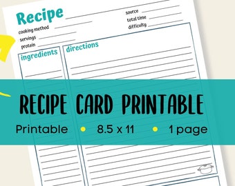 Full page recipe card printable, recipe page printable, recipe page template, recipe organizer binder, full page recipe binder printable