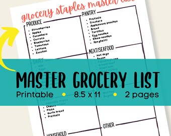 Checkliste für den Lebensmitteleinkauf, Master-Einkaufsliste zum Ausdrucken, Master-Einkaufsliste pdf, Lebensmittel-Heftklammern, Lebensmittel-Checklisten-Vorlage