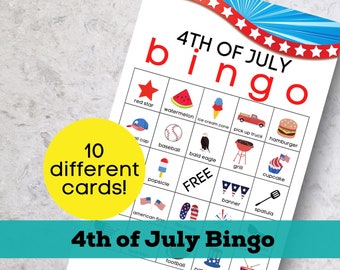 Druckbare 4. Juli Bingo, 4. Juli Aktivität, druckbare Sommer Bingo Karten, patriotisches Bingo, Sommer Bingo für Kinder