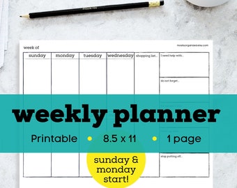 Landscape weekly planner printable minimal, horizontal weekly planner printable, mom weekly planner, letter size weekly