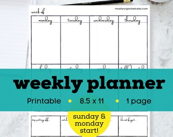 One page weekly planner download, week at a glance planner printable, weekly vertical planner printable pdf, stay at home mom printables