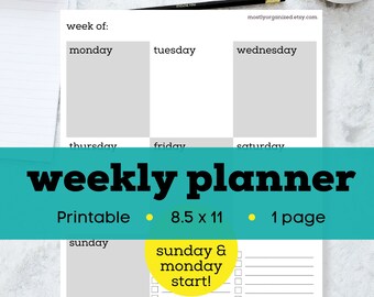 Minimalist weekly planner printable pdf, print out planner, week at a glance printable, Sunday start weekly planner, one page weekly planner