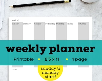 Horizontal weekly planner printable, pdf weekly planner, letter size planner printable, landscape weekly planner printable minimal