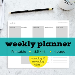 Weekly planner with to do list, letter size planner printable, printable weekly planner page, monday start calendar, sunday start planner