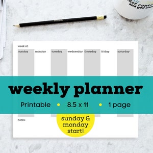 Horizontal weekly planner printable, pdf weekly planner, letter size planner printable, landscape weekly planner printable minimal