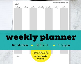 Week at a glance planner printable page, undated planner insert printable, simple weekly digital planner, letter size planner inserts