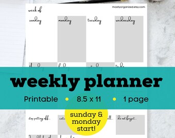 One page weekly planner printable minimalist, week at a glance planner, sunday start planner, simple weekly to do list template