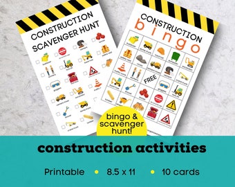 May include: Printable construction themed bingo and scavenger hunt game cards. The cards feature images of construction equipment, tools, and safety gear. The cards are 8.5 inches by 11 inches and there are 10 cards in total.