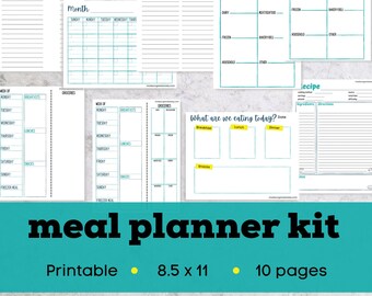May include: Printable meal planner kit with 10 pages, including a freezer inventory, grocery list, grocery staples master, go-to meals, weekly meal planner, and recipe pages. The pages are 8.5 x 11 inches.