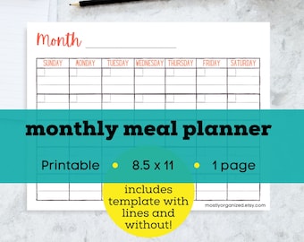 Monthly meal calendar, monthly menu planner, meal planner printable, monthly meal plan template, meal planning binder