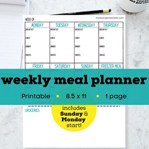 Printable weekly meal plan page, weekly meal planner printable, grocery list and meal planner, grocery list printable