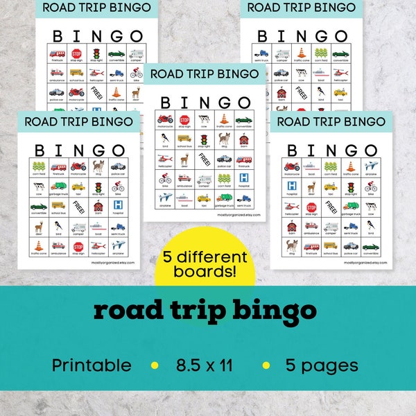 Road trip bingo printable, instant download bingo, road trip games, car bingo cards printable, vacation bingo, printable travel bingo