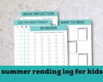 Diario de lectura imprimible para niños, registro de lectura de verano para niños, desafío de lectura para niños, calendario de lectura de verano, tabla de lectura para niños