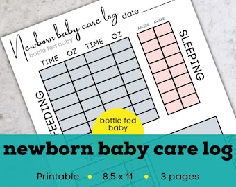 Printable breastfeeding log, bottle fed printable newborn feeding schedule, newborn baby care log, baby feeding chart, daily baby log