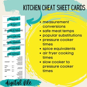 Kitchen guide, kitchen conversions, cards for kitchen, kitchen cards, kitchen cheat sheet, cooking guide, cheat guide kitchen prints