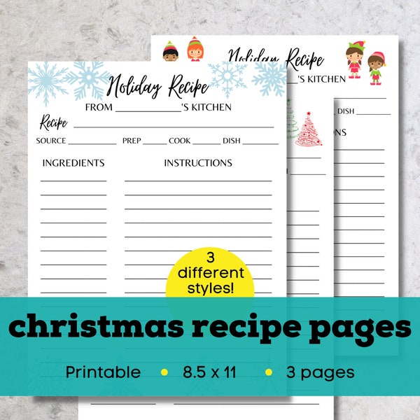 Printable Christmas recipe card, holiday recipe card, full page recipe cards, Christmas recipe page, Christmas recipe journal