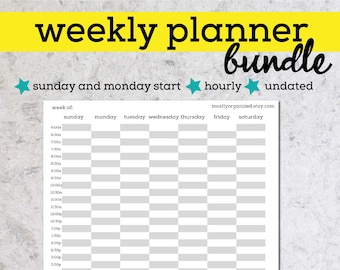 Puede incluir: Una plantilla de planificador semanal en blanco y negro con el texto "weekly planner bundle" y "sunday and monday start" en la parte superior. El planificador es por hora y no está fechado. Los días de la semana están listados en la parte superior y las horas están listadas en el lateral.