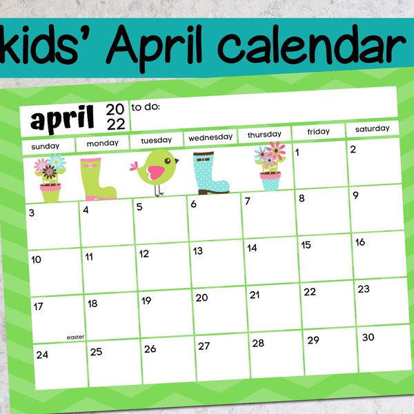 Children's April 2022 calendar, landscape calendar 2022 April, April 2022 printable calendar, Colorful April calendar, cute April calendar