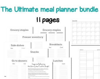 Meal planner bundle printable, monthly meal planner printable, monthly meal planner and grocery list, weekly meal planner download