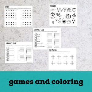 May include: Black and white printable worksheets for kids featuring games and coloring activities. The worksheets include alphabet games, tic-tac-toe, dot-to-dot, and doodle pages.