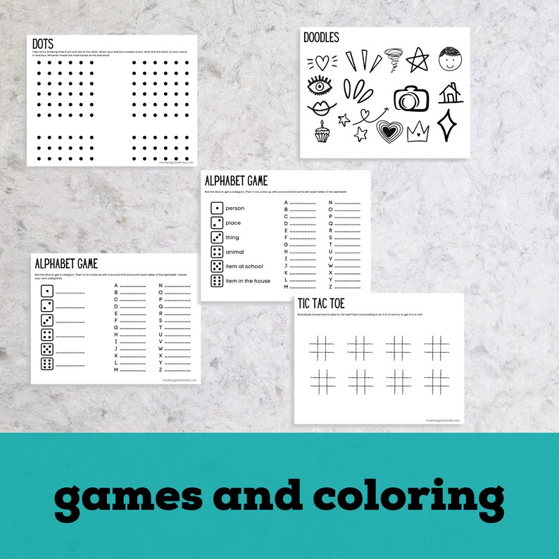 May include: Black and white printable worksheets for kids featuring games and coloring activities. The worksheets include alphabet games, tic-tac-toe, dot-to-dot, and doodle pages.
