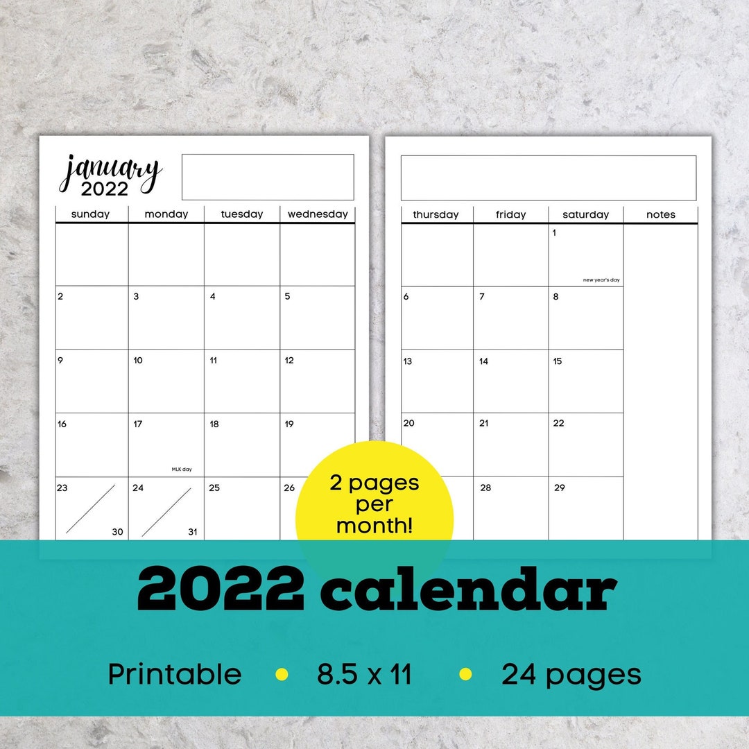 2 Page Monthly Calendar 2022, 2022 Monthly Calendar Printable Pdf, 2022