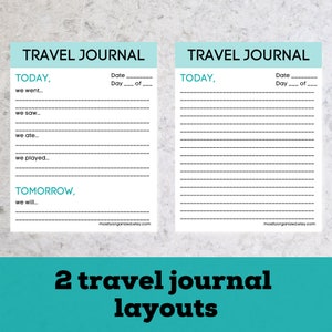 May include: Two printable travel journal layouts with lined pages. The first layout has a section for "Today" with prompts for "we went", "we saw", "we ate", and "we played". It also has a section for "Tomorrow" with a prompt for "we will". The second layout is a simple lined page.