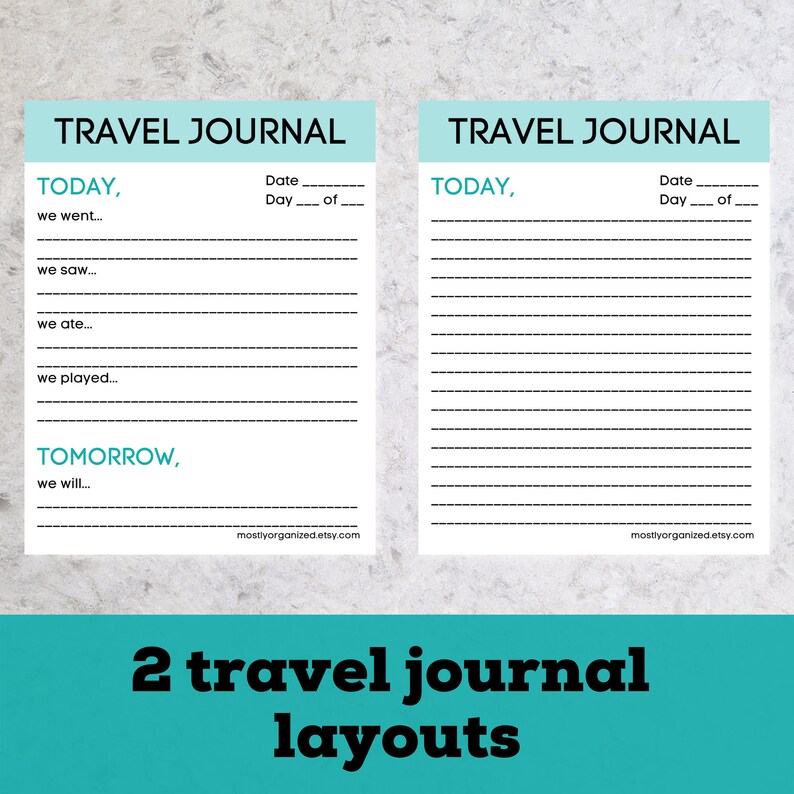 May include: Two printable travel journal layouts with lined pages. The first layout has a section for "Today" with prompts for "we went", "we saw", "we ate", and "we played". It also has a section for "Tomorrow" with a prompt for "we will". The second layout is a simple lined page.