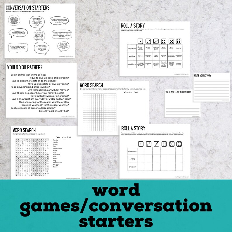 May include: Black and white printable word search and roll a story game templates. The templates include conversation starters, would you rather questions, and word search grids. The games are designed to help kids learn and have fun.