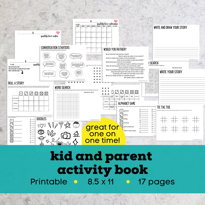 Op de afbeelding: Een afdrukbaar kinder- en ouderactiviteitenboek met 17 pagina's. De pagina's bevatten gespreksstarters, woordzoekers, doodles en een tic-tac-toe-spel. Het boek is 21,6 x 27,9 cm groot.