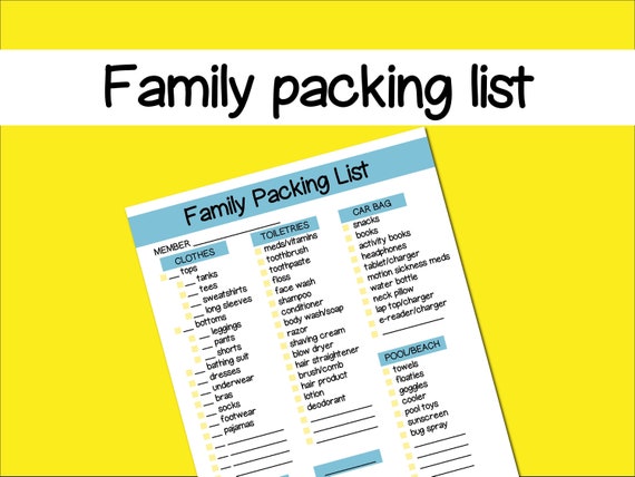family packing list printable road trip packing list etsy