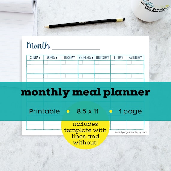 Monthly Meal Planner Printable Monthly Meal Plan Template | Etsy