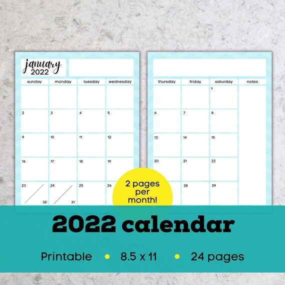 2 Page Monthly Calendar, 2022 Monthly Calendar Color, 2022 Monthly Calendar  Printable Vertical, Monthly Calendar Pdf 2022 - Etsy