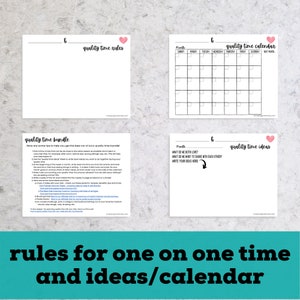 Op de afbeelding: Een set van vier witte papieren vellen met zwarte tekst en roze hartaccenten. De vellen bevatten een kalender, regels, idee&euml;n en een bundel tips voor quality time. De zin "rules for one on one time and ideas/calendar" staat onderaan.