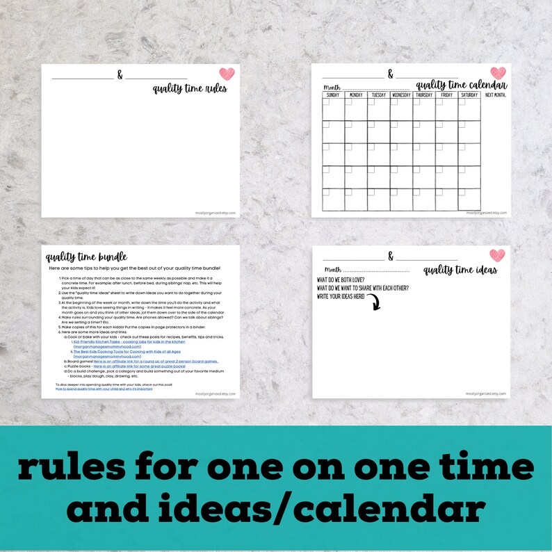 Op de afbeelding: Een set van vier witte papieren vellen met zwarte tekst en roze hartaccenten. De vellen bevatten een kalender, regels, idee&euml;n en een bundel tips voor quality time. De zin "rules for one on one time and ideas/calendar" staat onderaan.