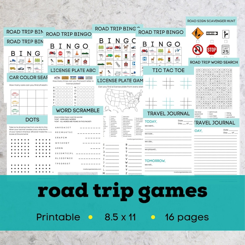 May include: A set of printable road trip games for kids. The games include bingo, word search, tic-tac-toe, dots, license plate games, and travel journals. The games are designed to be fun and engaging for children of all ages.