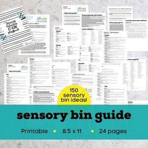 Op de afbeelding: Een verzameling afdrukbare sensorische bakgidsen en een playbook. Het playbook heeft een witte omslag met een gestreept ontwerp en de tekst "Sensory Activities AT HOME Playbook". De gids bevat 150 sensorische bakidee&euml;n, is 21,6 x 27,9 cm en heeft 24 pagina's.