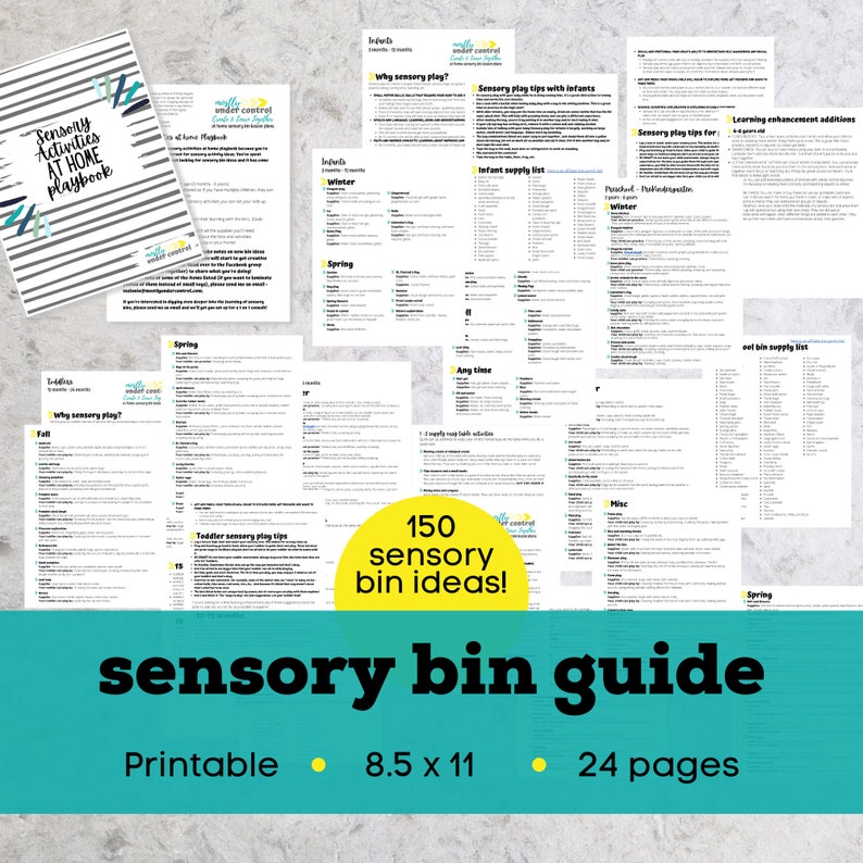 Op de afbeelding: Een verzameling afdrukbare sensorische bakgidsen en een playbook. Het playbook heeft een witte omslag met een gestreept ontwerp en de tekst "Sensory Activities AT HOME Playbook". De gids bevat 150 sensorische bakidee&euml;n, is 21,6 x 27,9 cm en heeft 24 pagina's.