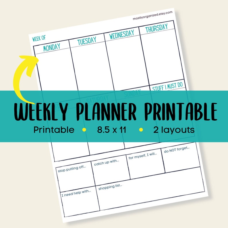 May include: A printable weekly planner with a black and white design. The planner is divided into seven days of the week, with space for writing tasks and notes. The planner also includes a section for "Stuff I Must Do" and a section for "Do Not Forget".