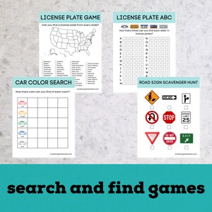 May include: A printable set of three educational games for kids. The games are "License Plate Game", "License Plate ABC", and "Road Sign Scavenger Hunt".