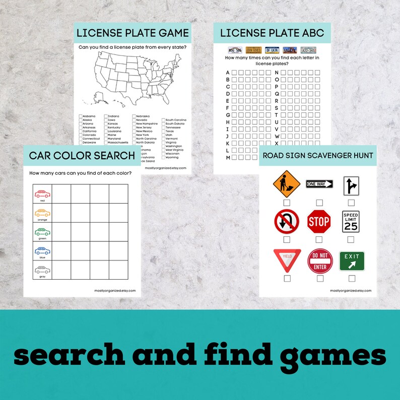 May include: A printable set of three educational games for kids. The games are "License Plate Game", "License Plate ABC", and "Road Sign Scavenger Hunt".