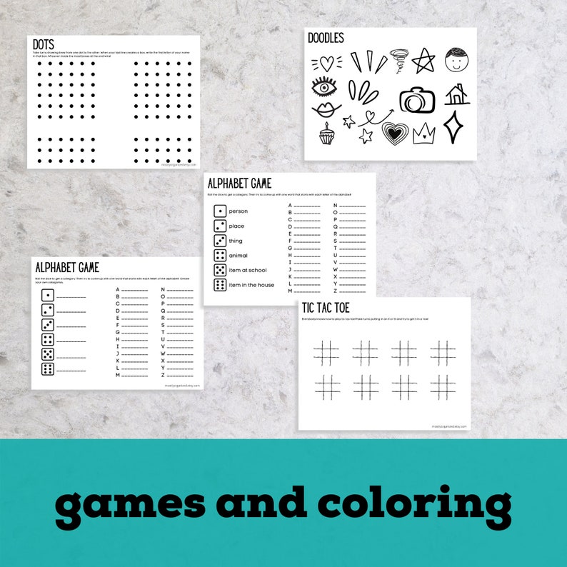 Op de afbeelding: Een verzameling zwart-wit printbare spellen en kleurplaten. Bevat punt-naar-punt, doodle-kunst, alfabetspellen en boter-kaas-en-eieren. De zin "games and coloring" staat onderaan de afbeelding.
