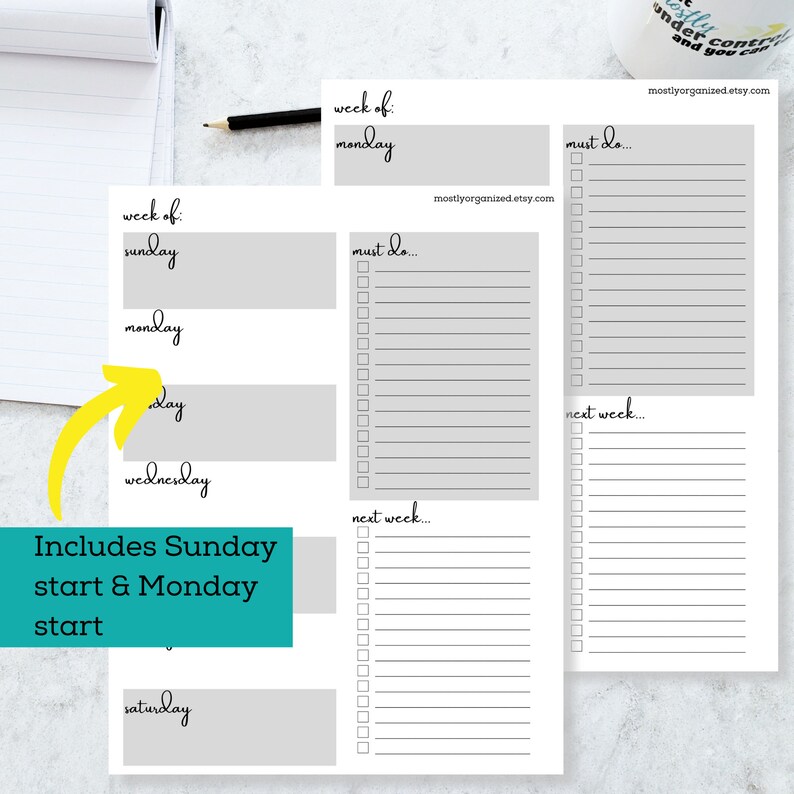 Weekly Planner Pad Printable, Blank Weekly Schedule, Minimalist Undated Weekly Planner Printable