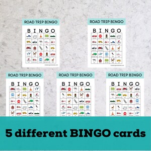 May include: Five printable road trip bingo cards with a variety of road trip related images including cars, trucks, stop signs, traffic lights, and more. The cards are designed to be used by families on road trips.