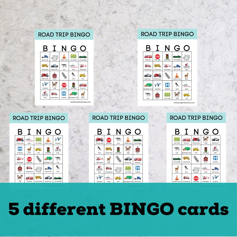 May include: Five printable road trip bingo cards with a variety of road trip related images including cars, trucks, stop signs, traffic lights, and more. The cards are designed to be used by families on road trips.