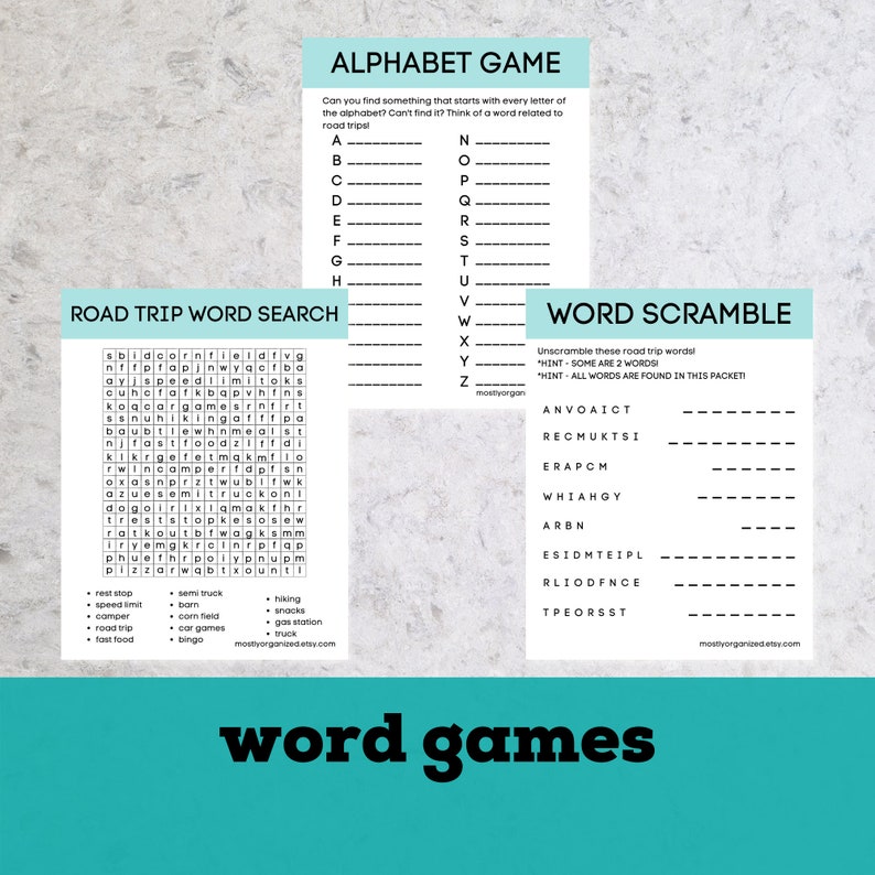 May include: A printable set of word games for a road trip. The games include an alphabet game, a word search, and a word scramble. The games are printed on a white background with blue and green accents.