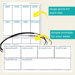 May include: A printable weekly planner with large boxes for each day and prompts like "stop putting off..." and "catch up with..." at the bottom. The planner is designed to help you organize your week and stay on track.